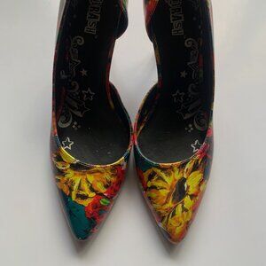 TRASH Sunflower Print High Heels | Size 8 | Bright Floral Pointed Toe Pumps